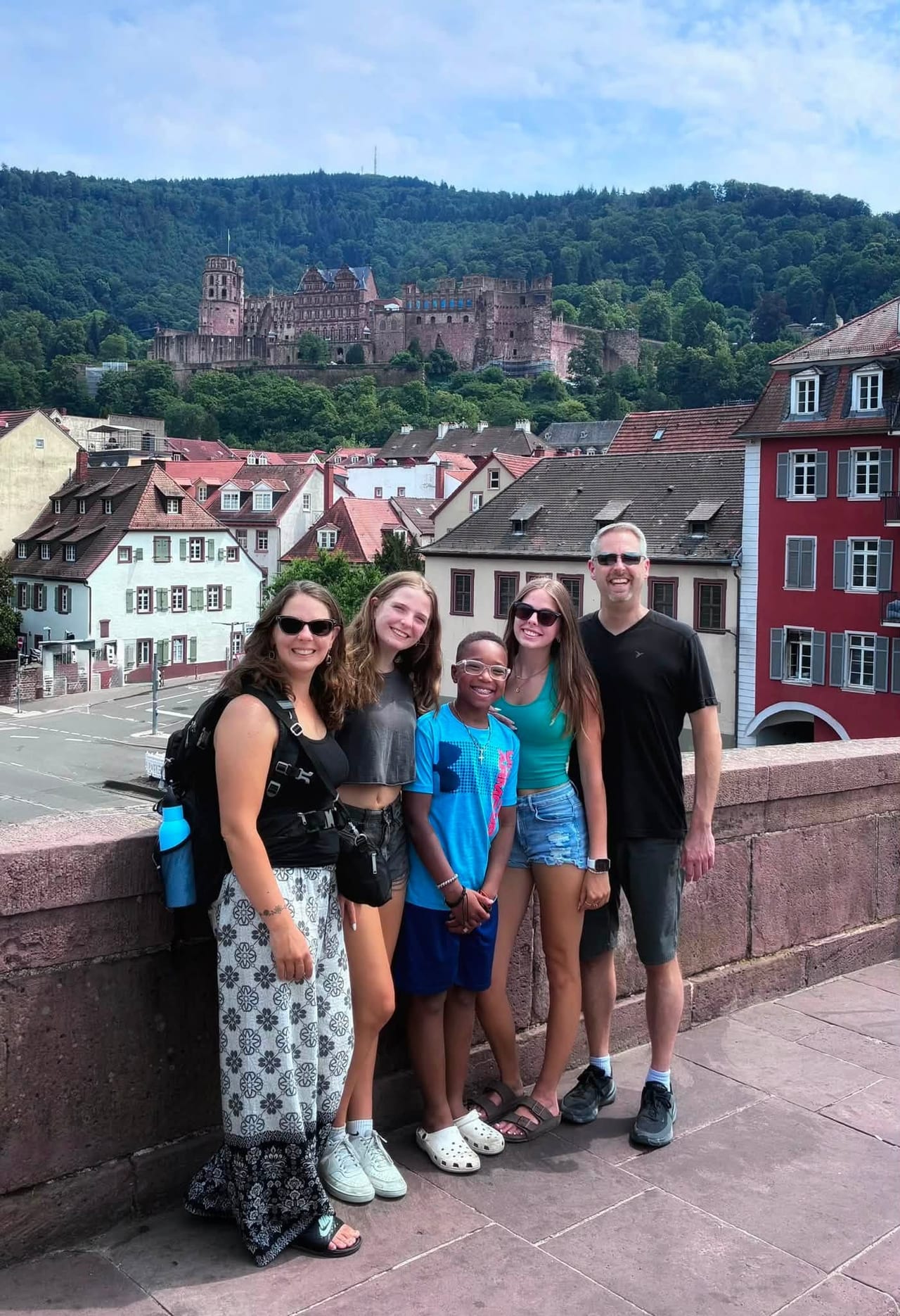 All five of us on the Old Bridge with Heidelberg Castle behind